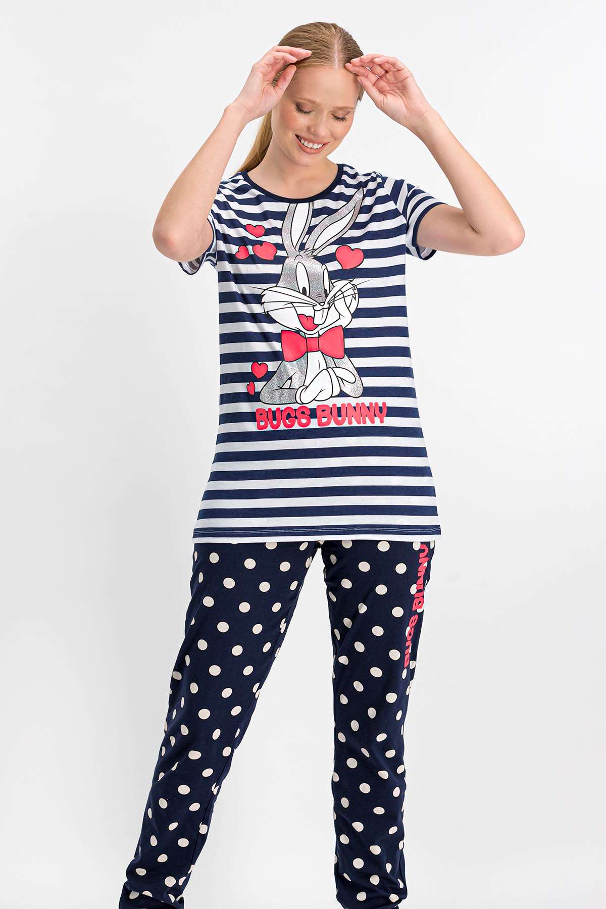 Bugs Bunny - Bugs Bunny Lisanslı Lisanslı Lacivert Kısa Kollu Kadın Pijama Takımı